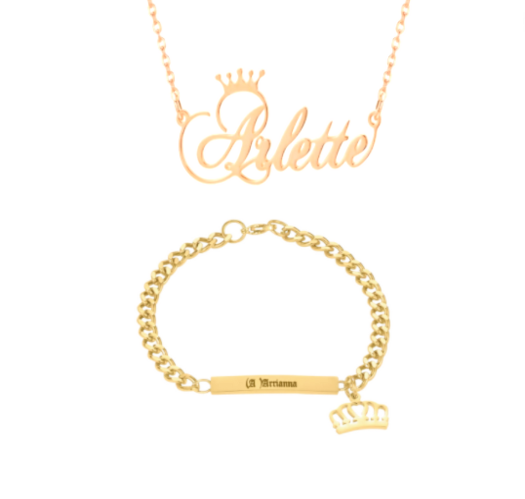 Baby/ Child Crown Name Necklace + Bracelet Set (Unisex)