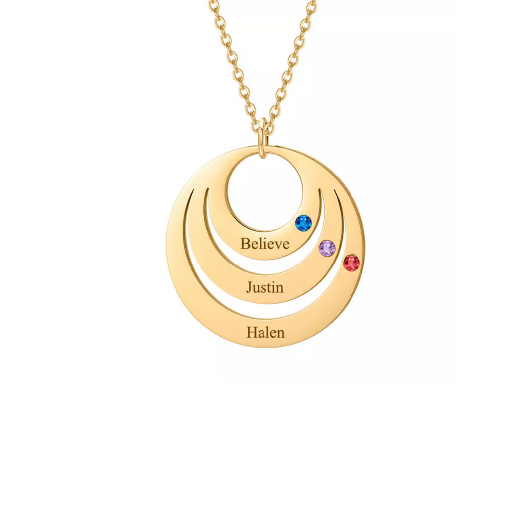 Round Multiple Birthstones + Names Necklace