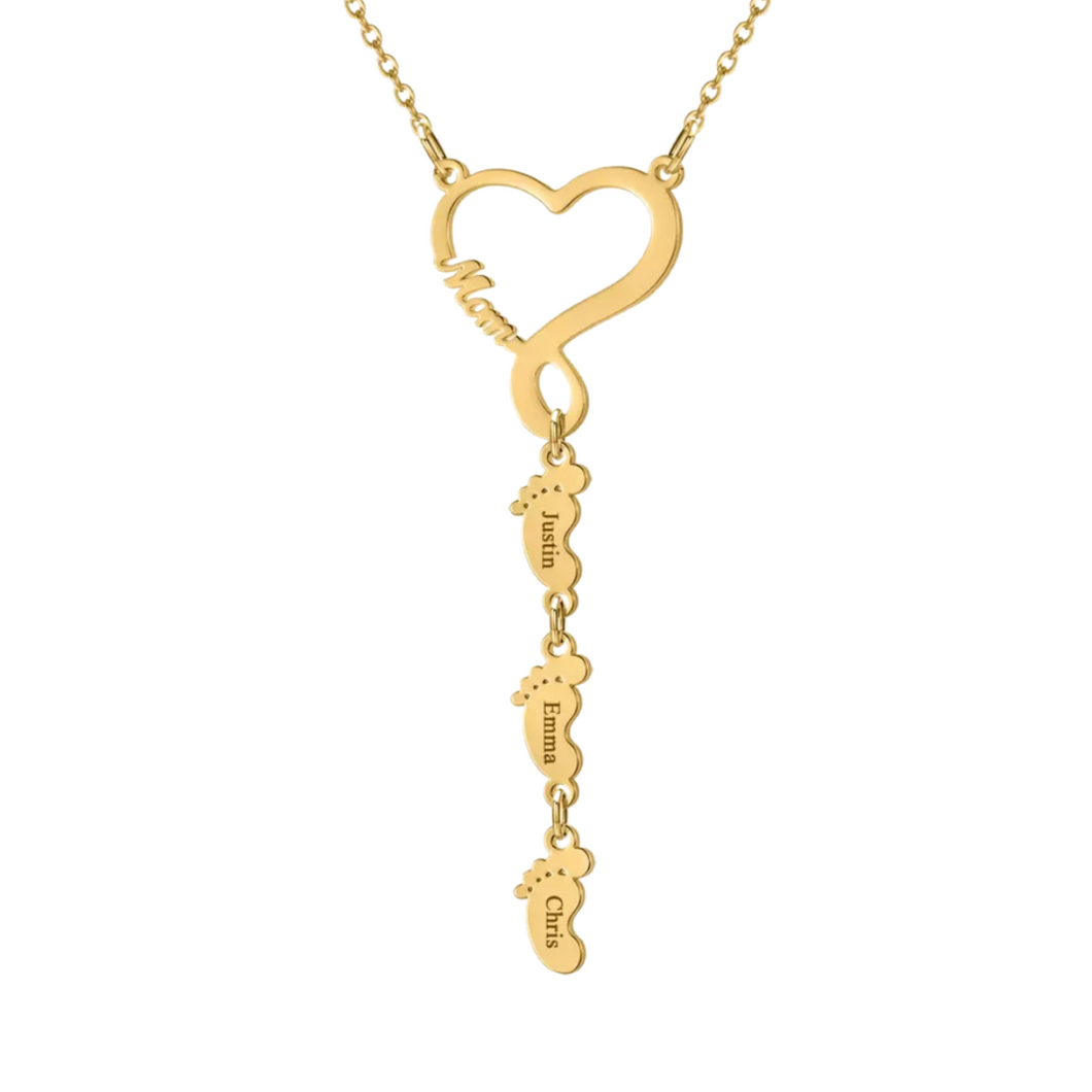 Mom Heart + Foot Print Name Necklace